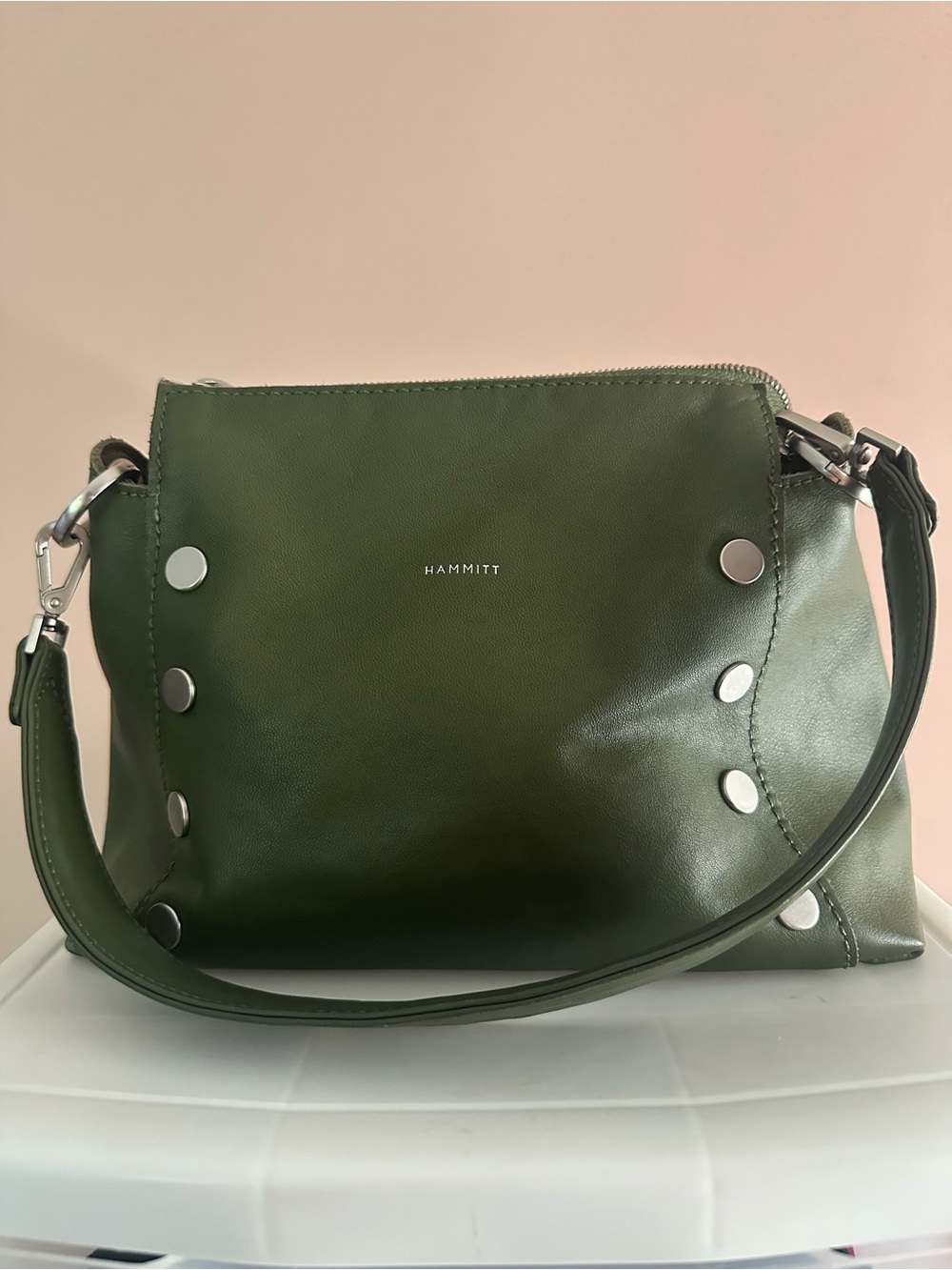 Hammitt Bryant Olive Leather Shoulder Bag Thick Shoulder Strap Silver Rivets - Picture 2 of 12
